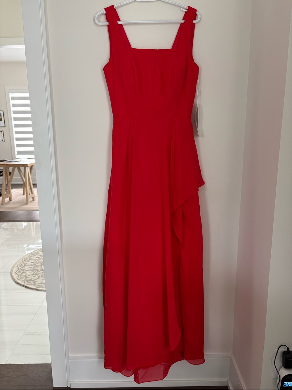 Red Square-Neck Maxi Dress with Side Ruffle - Picture 2 of 12